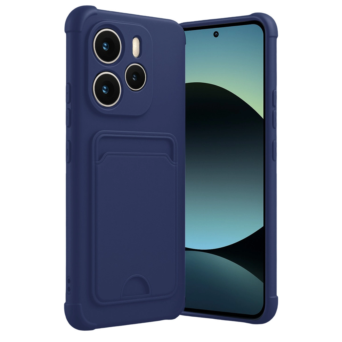 Kart yuvalı ve üç lensli lacivert telefon kılıfı.