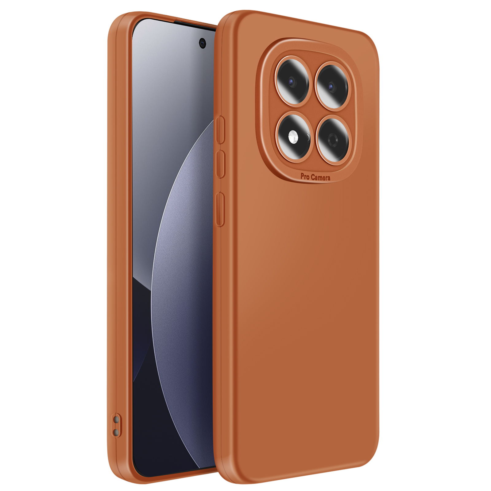 Une coque de téléphone marron avec quatre caméras et texte "Pro Camera".