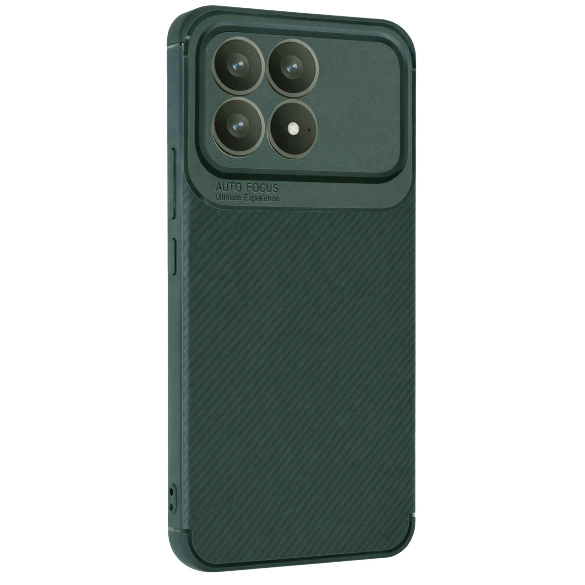 Dört kameralı, karbon fiber desenli koyu yeşil telefon kılıfı.