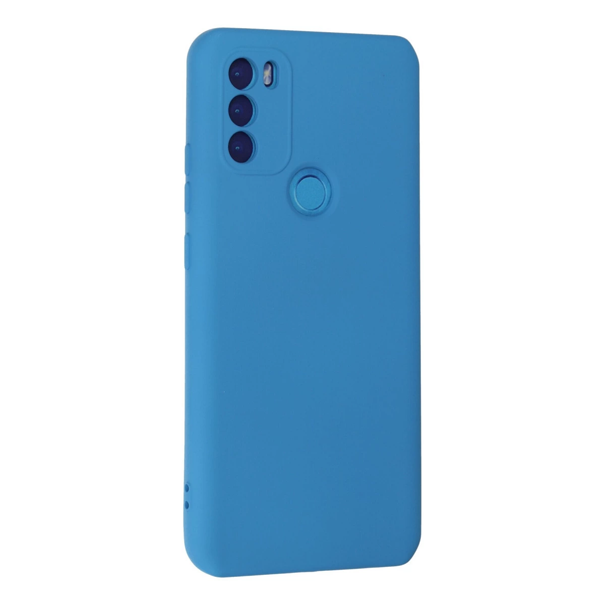 Üç kamera modülü ve parmak izi sensörü bulunan mavi telefon kılıfı.