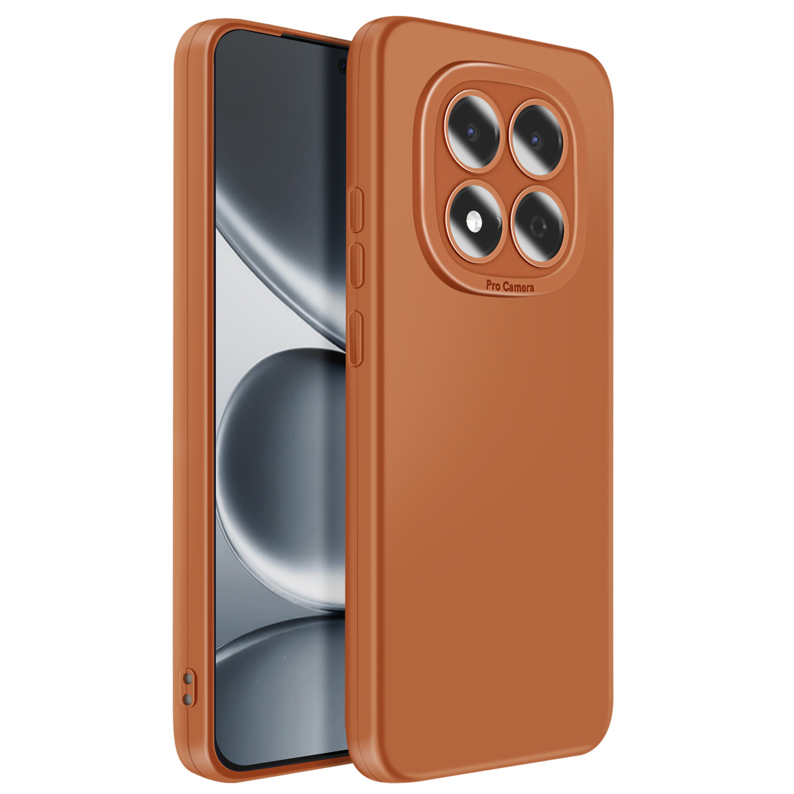 Une coque de téléphone orange avec quatre caméras et le texte « Pro Camera ».