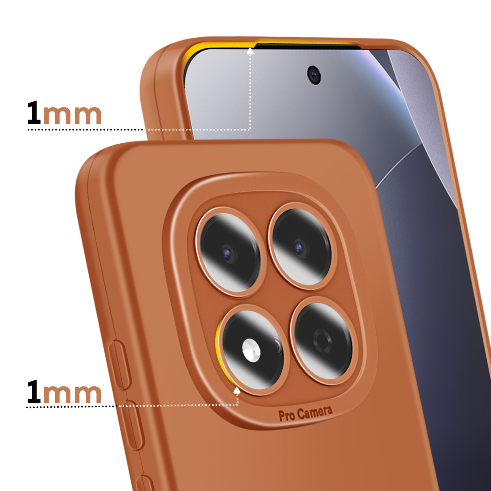 Coque orange avec quatre objectifs photo et bord surélevé de 1mm. Marques blanches.