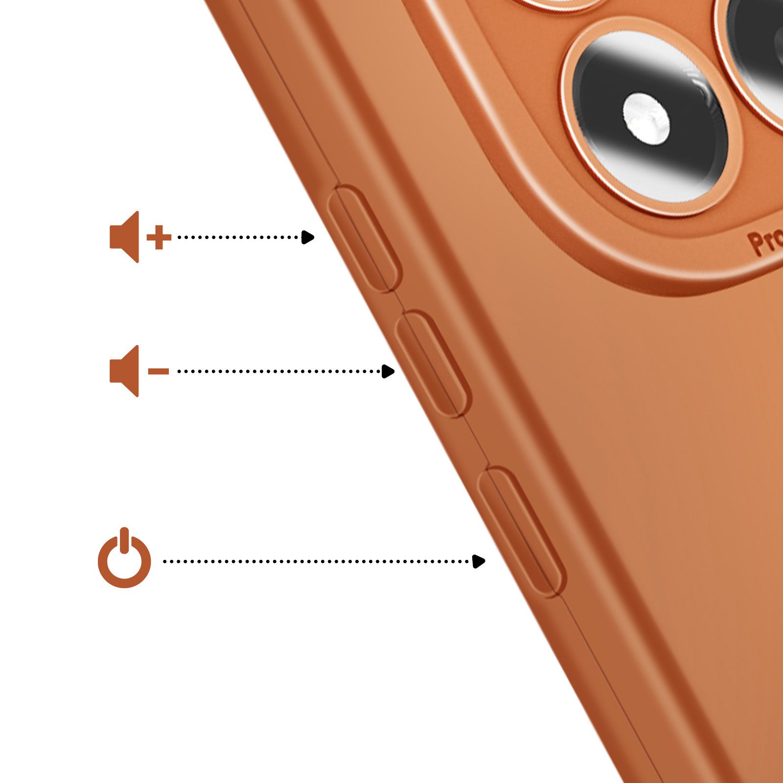 Coque de téléphone orange avec boutons volume et alimentation.