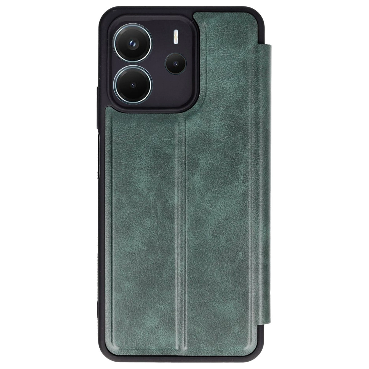 Doku kaplamalı, iki arka lensli yeşil suni deri telefon kılıfı.