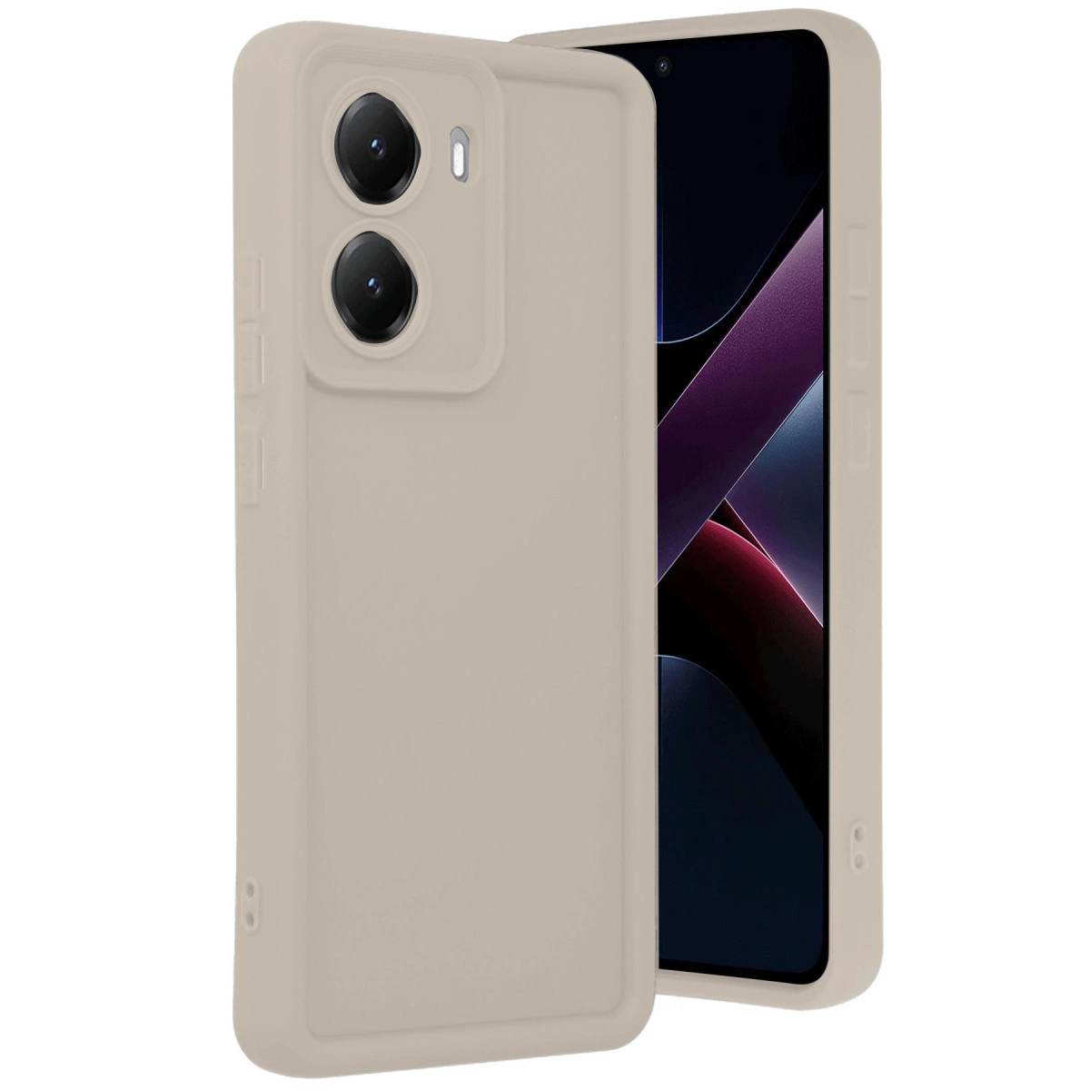 Arkada iki kamerası olan bej bir telefon kılıfı bir akıllı telefonun yanında duruyor.