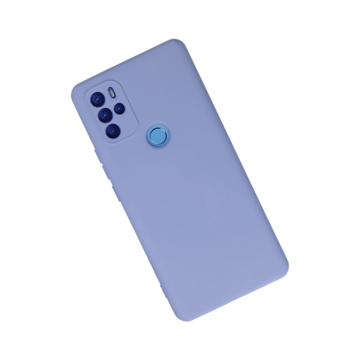 Arkada kamera lensleri ve parmak izi sensörü bulunan lavanta rengi telefon kılıfı.