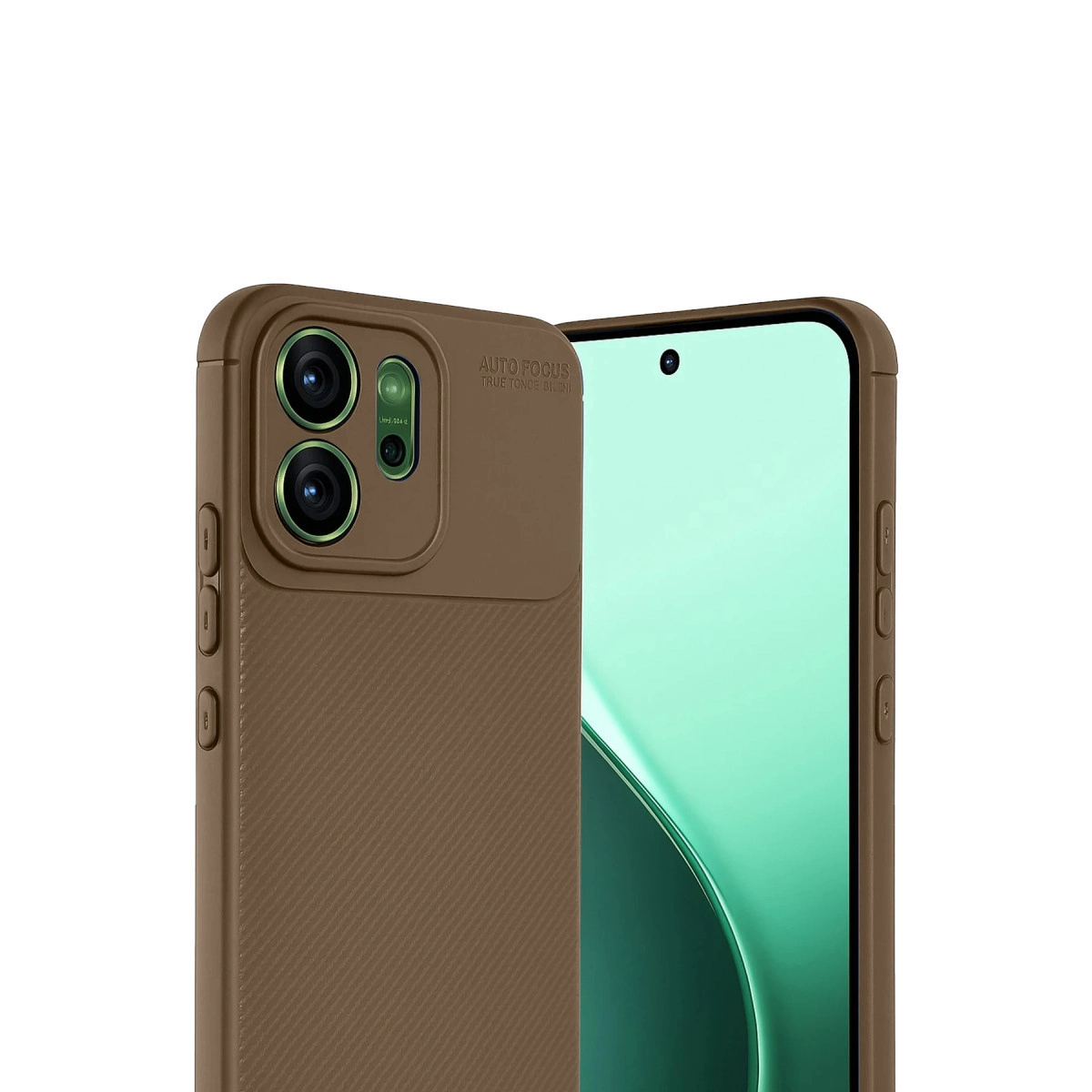 Kamera oyuntulu kahverengi telefon kılıfı, beyaz arka plan.