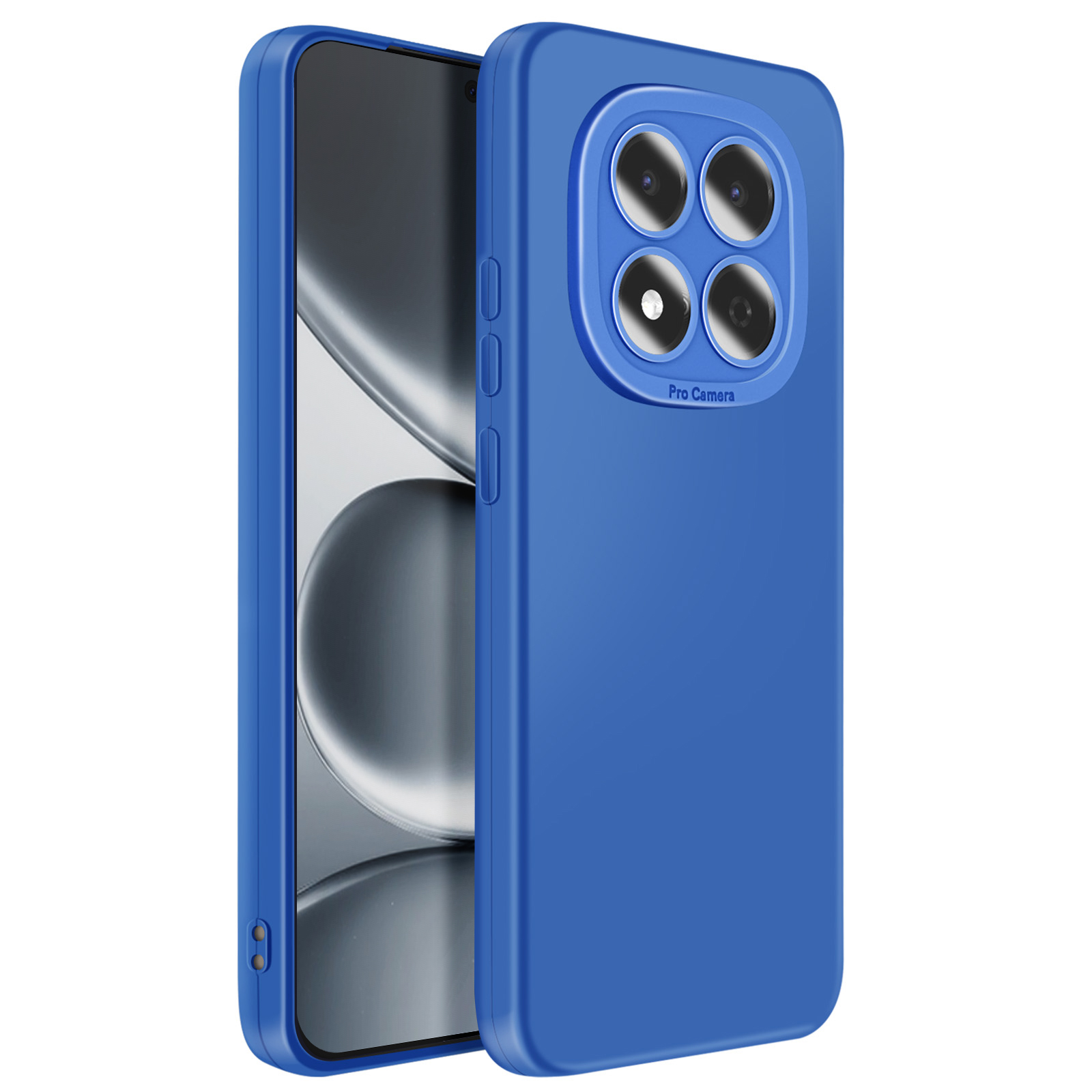 Coque de téléphone bleue avec configuration quadruple caméra et texte 'Pro Camera'.