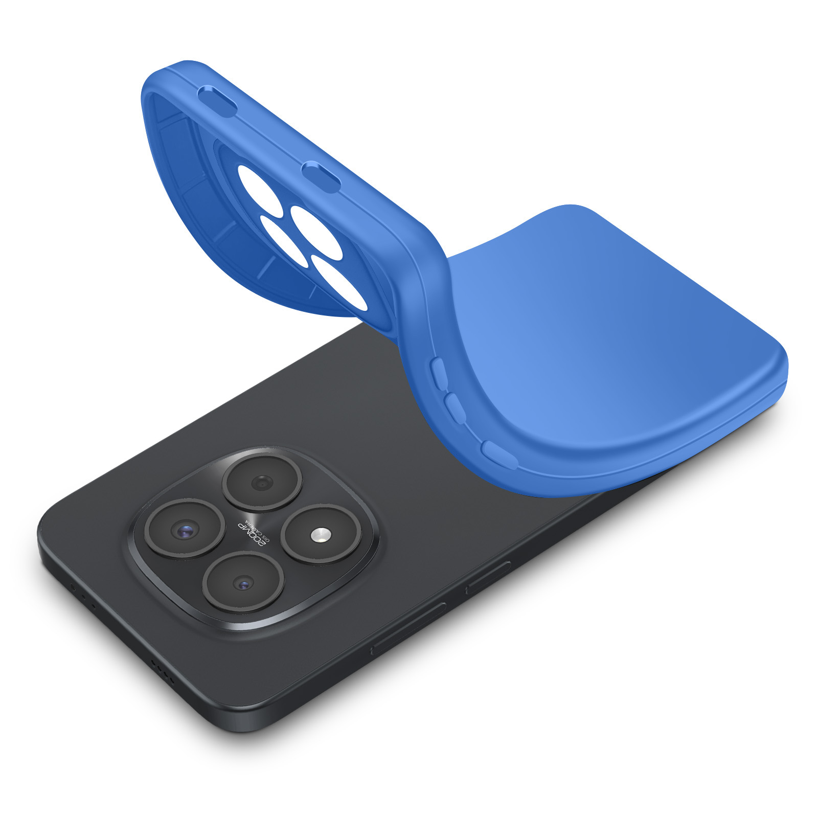 Un étui de téléphone bleu est placé sur un smartphone noir.