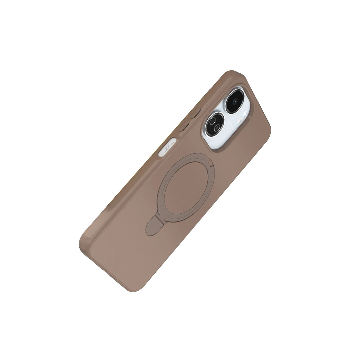 Yuvarlak halka tutuculu ve çift kamera kesimli kahverengi telefon kılıfı.