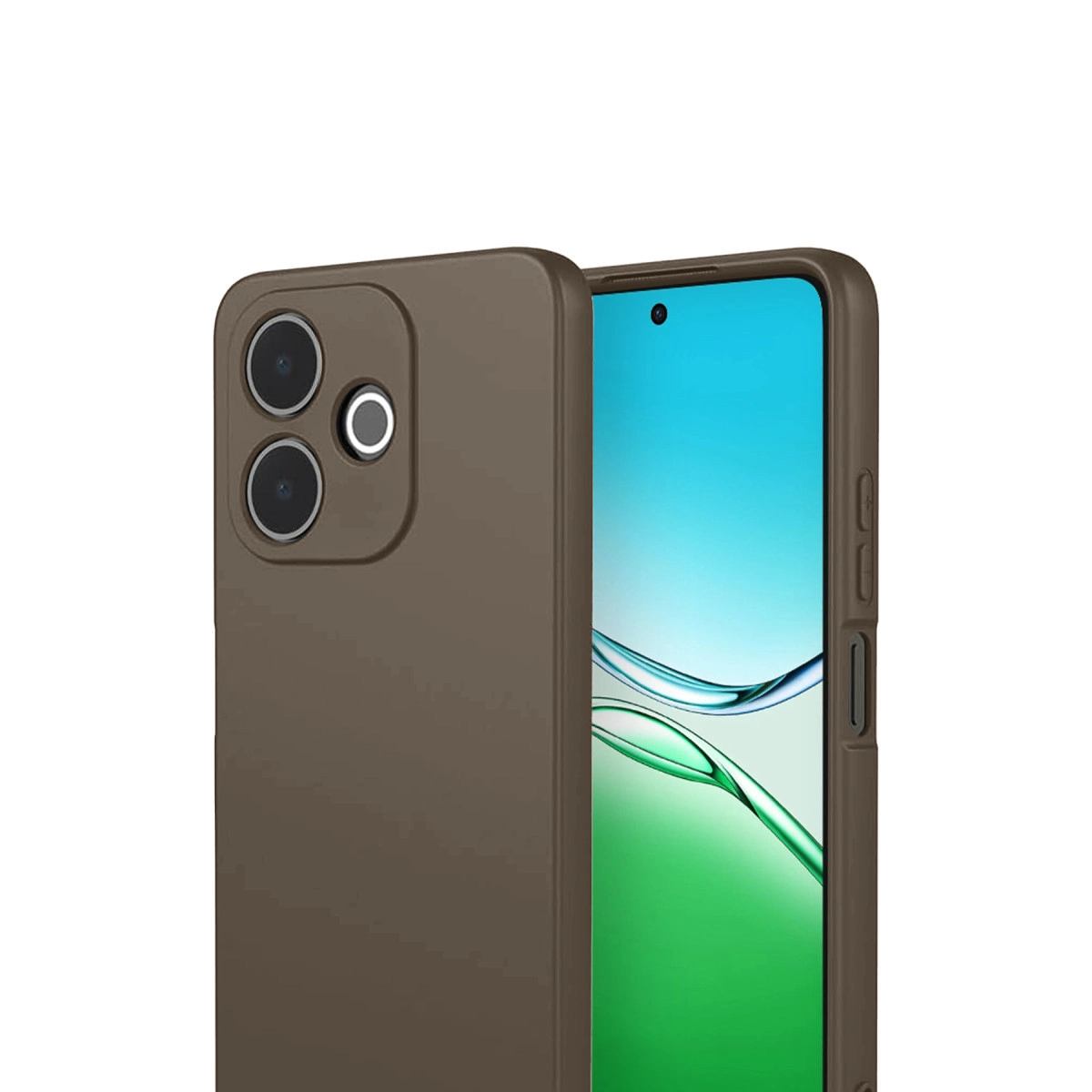 Üç kamera lensli ve flaşlı kahverengi telefon kılıfı.