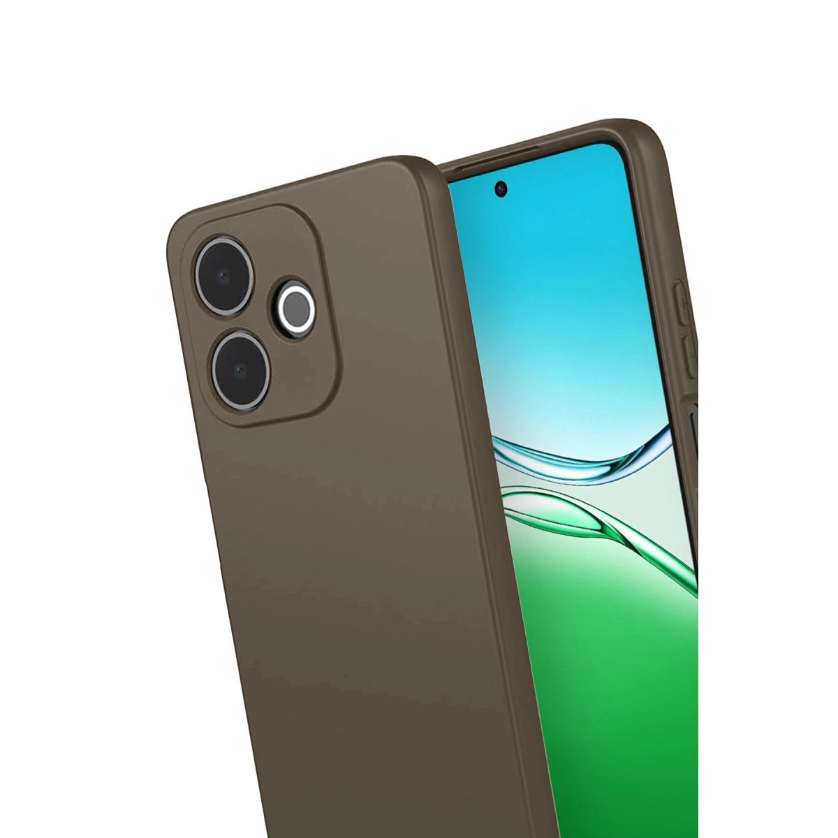 Üç kameralı, açık mavi ekranlı kahverengi telefon.