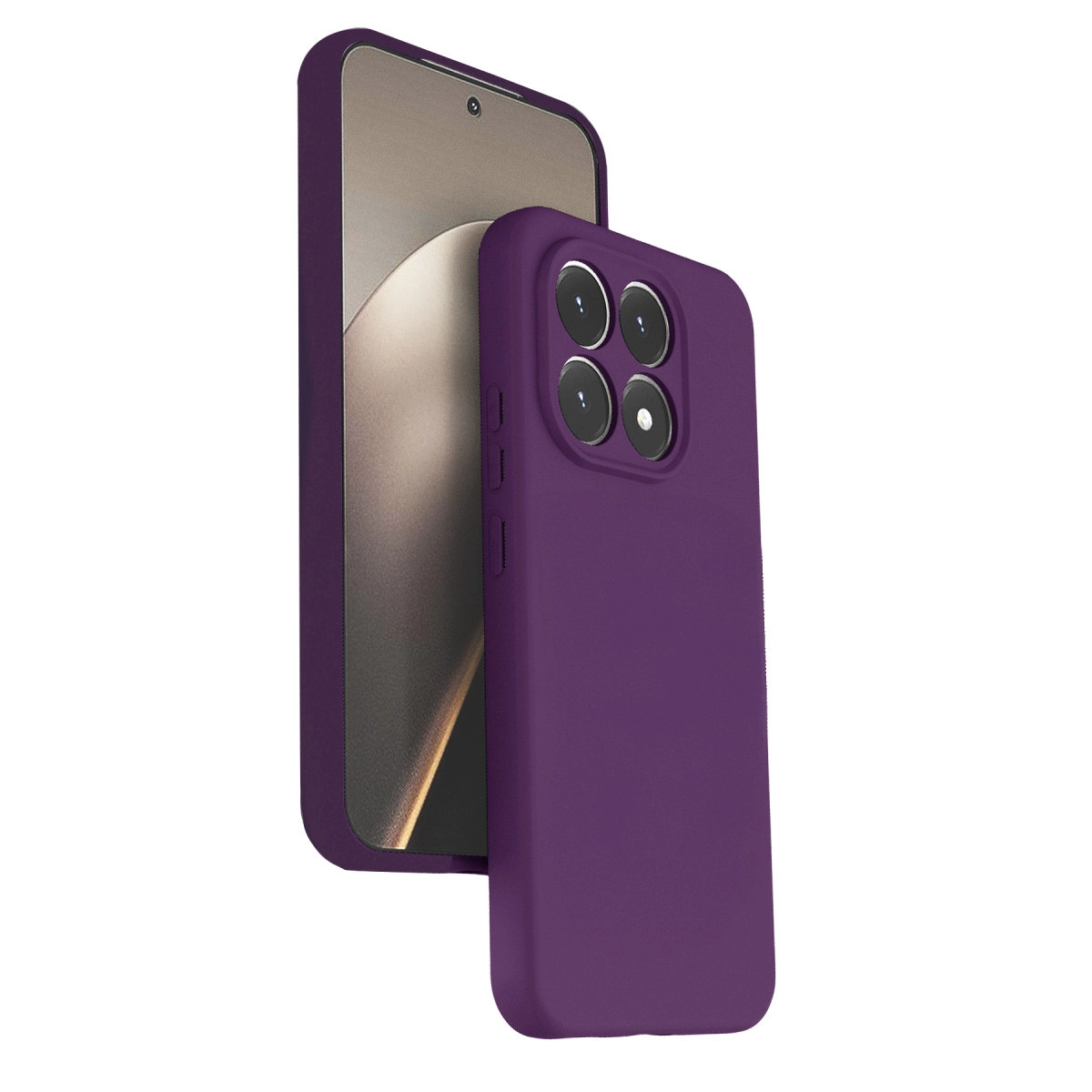 Beyaz arka plan üzerinde kamera modüllü mor telefon kılıfı.