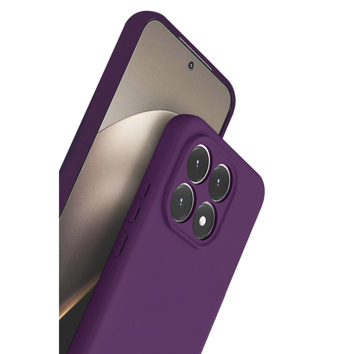Dört kamera lensli ve ekranın bir kısmı görünen mor telefon kılıfı.