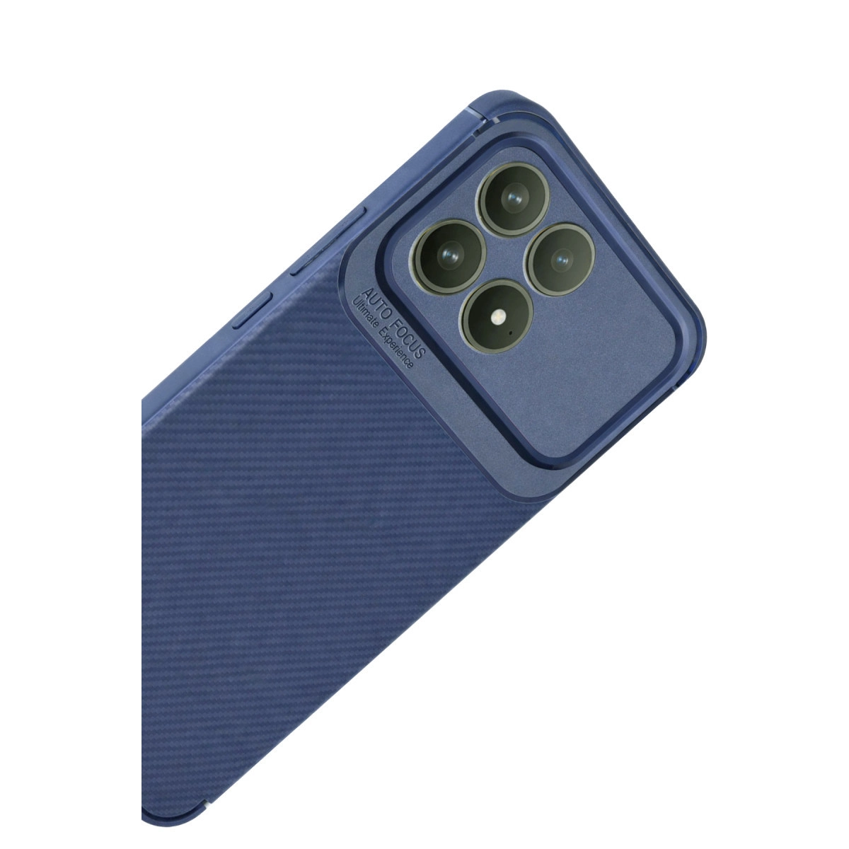Dört kamera lensli ve yazılı lacivert telefon kılıfı.