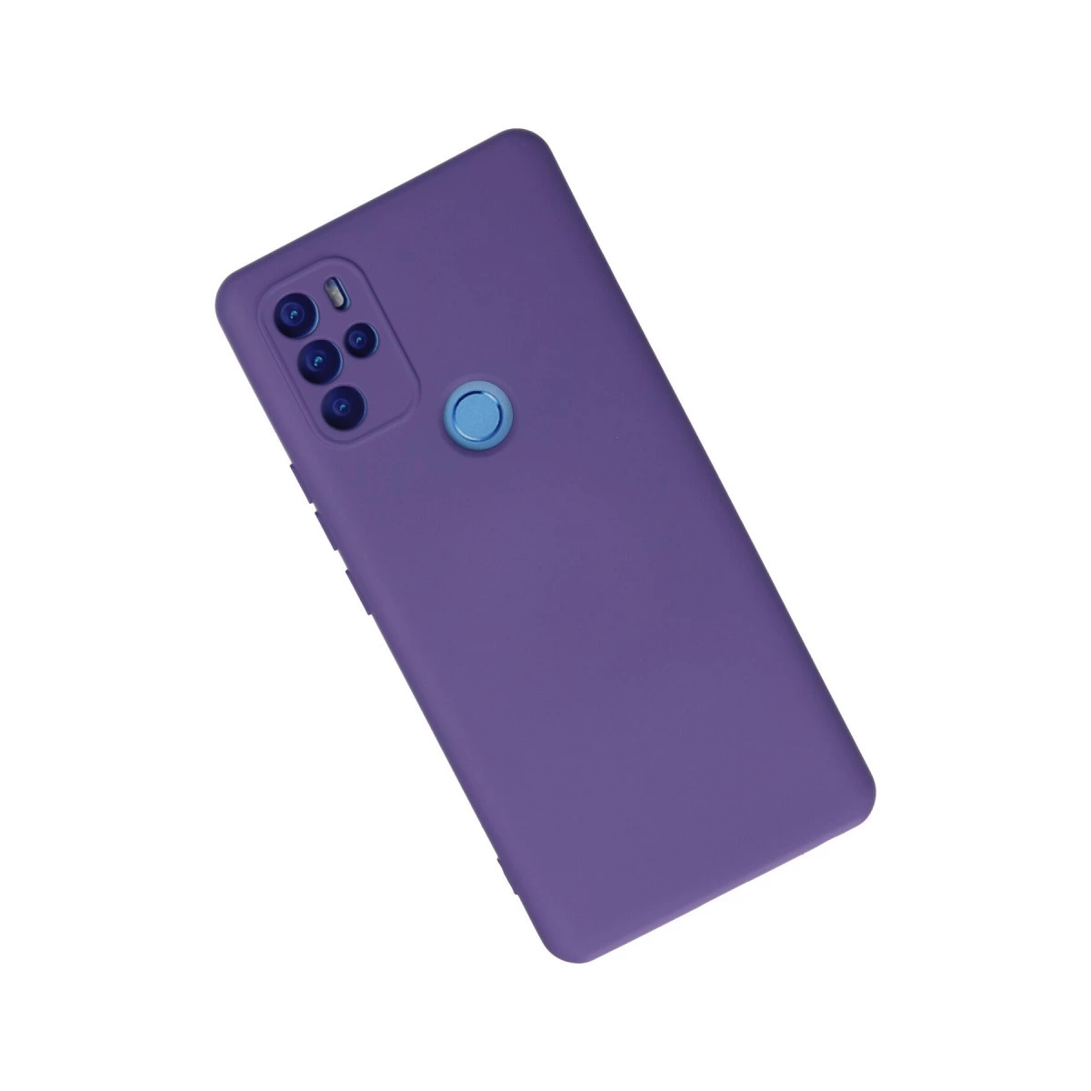 Kamera modülü ve parmak izi sensörlü mor telefon kılıfı.