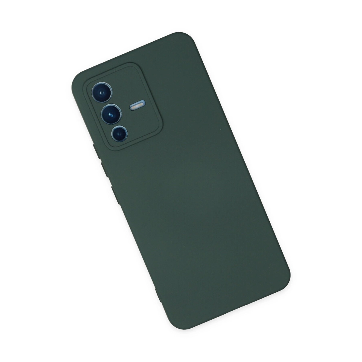 Beyaz arka plan üzerinde üçlü kameraya sahip koyu yeşil telefon kılıfı.
