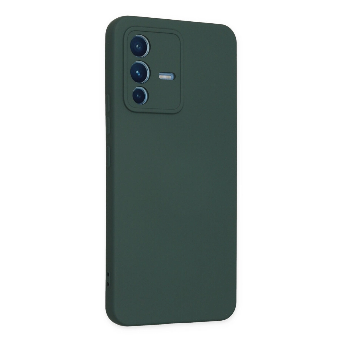 Mat bitişli, üçlü kamera kesimli koyu yeşil telefon kılıfı.