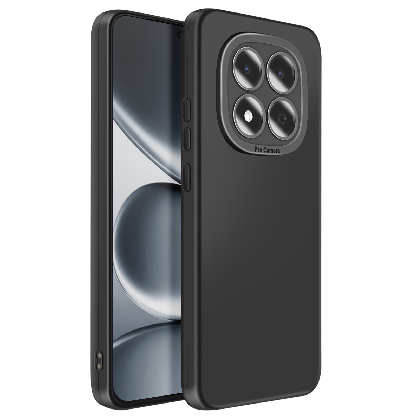 Coque de téléphone noire avec quatre caméras et texte 'Pro Camera'.