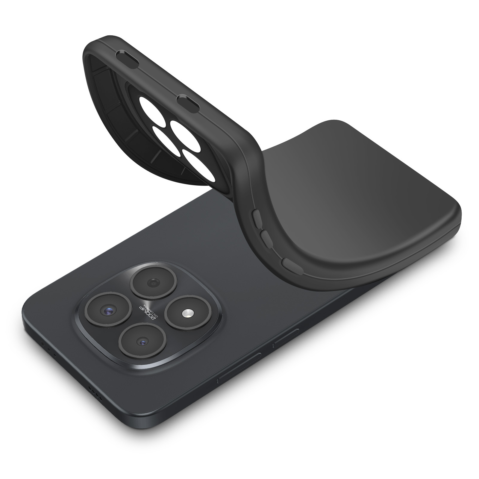 Un téléphone noir avec un étui drapé sur son bloc caméra.