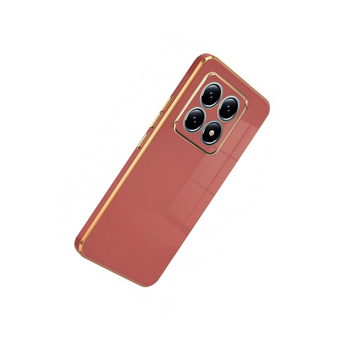 Dört kameralı kırmızı telefon kılıfı, beyaz zeminde altın süslemeli.