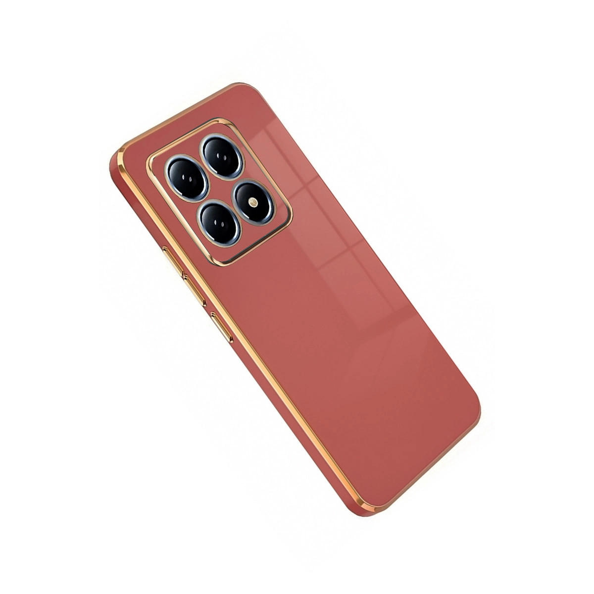 Dört kameralı, altın çerçeveli mercan kırmızısı telefon kılıfı.
