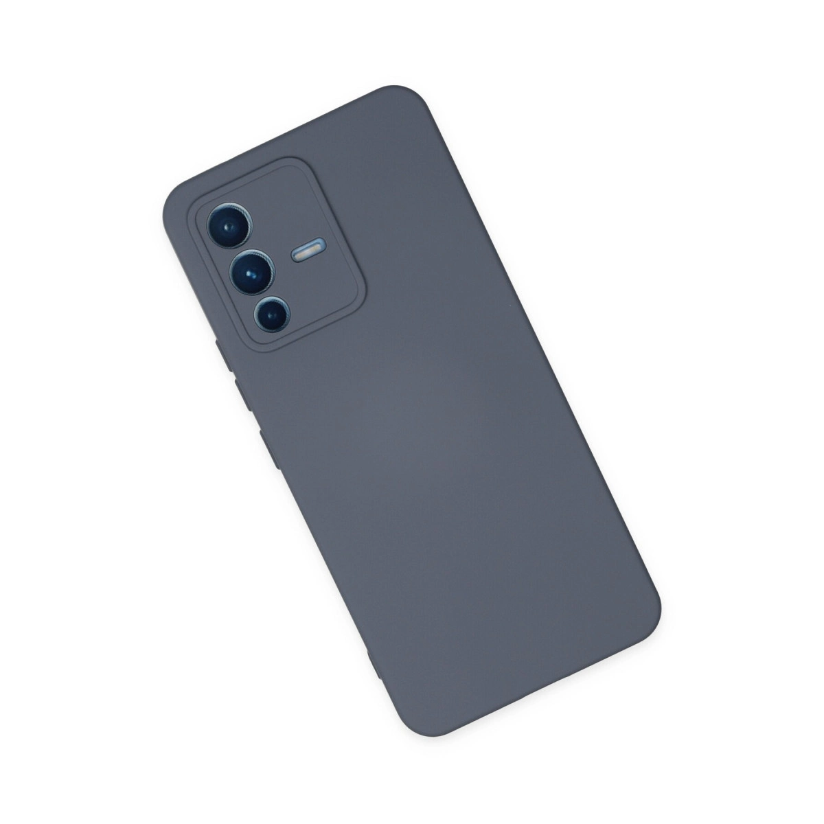 Beyaz arka plan üzerinde üç kameralı koyu gri telefon kılıfı.