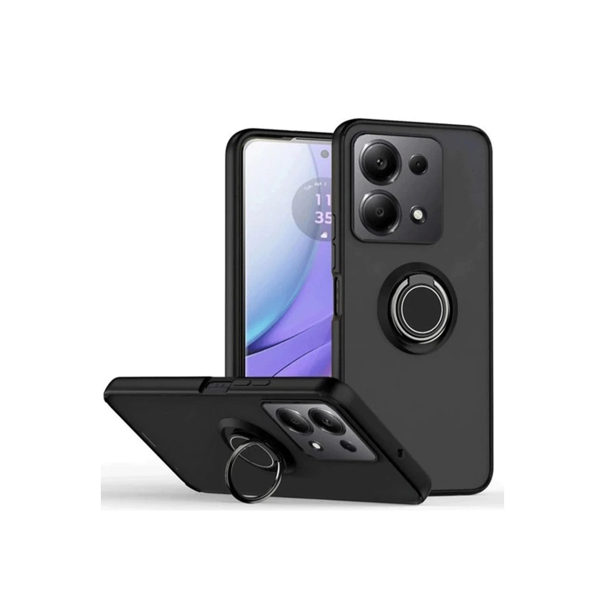 Halka tutuculu siyah telefon kılıfı ve beyaz arka planda bir akıllı telefon.