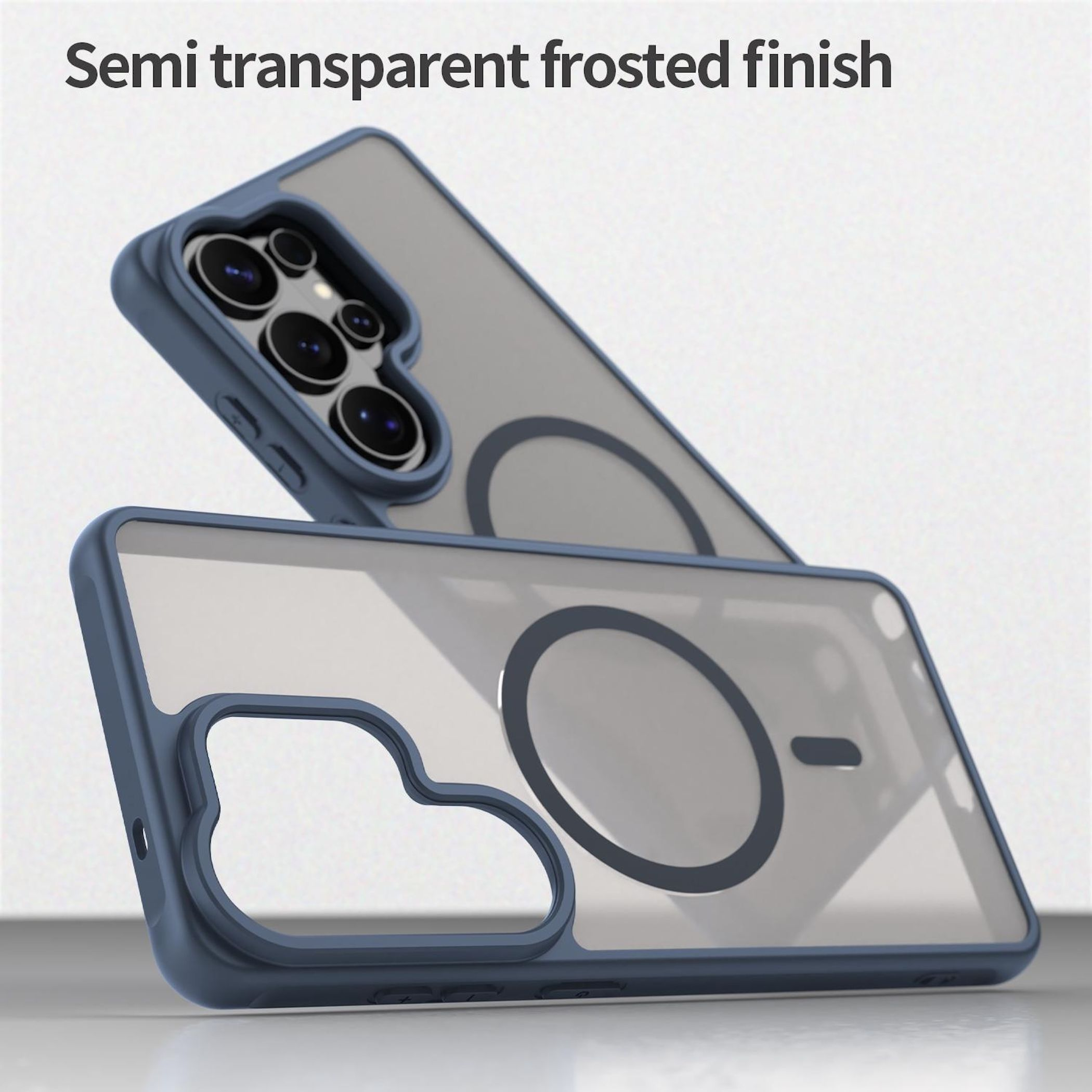 Blaue Handyhülle mit transparenter Rückseite und Magnetring.
