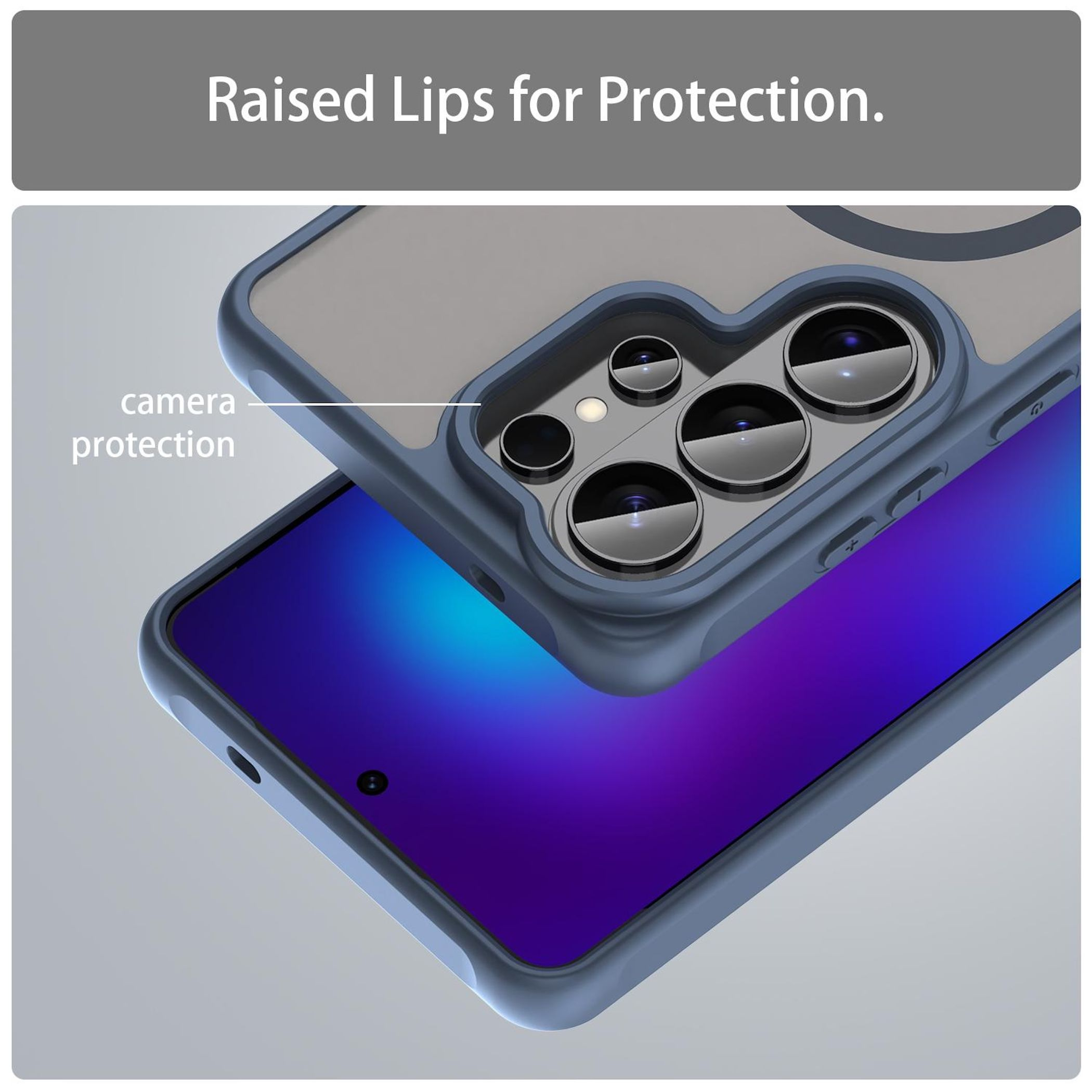 Eine blaue Handyhülle schützt die Kameras und das Display eines Smartphones.