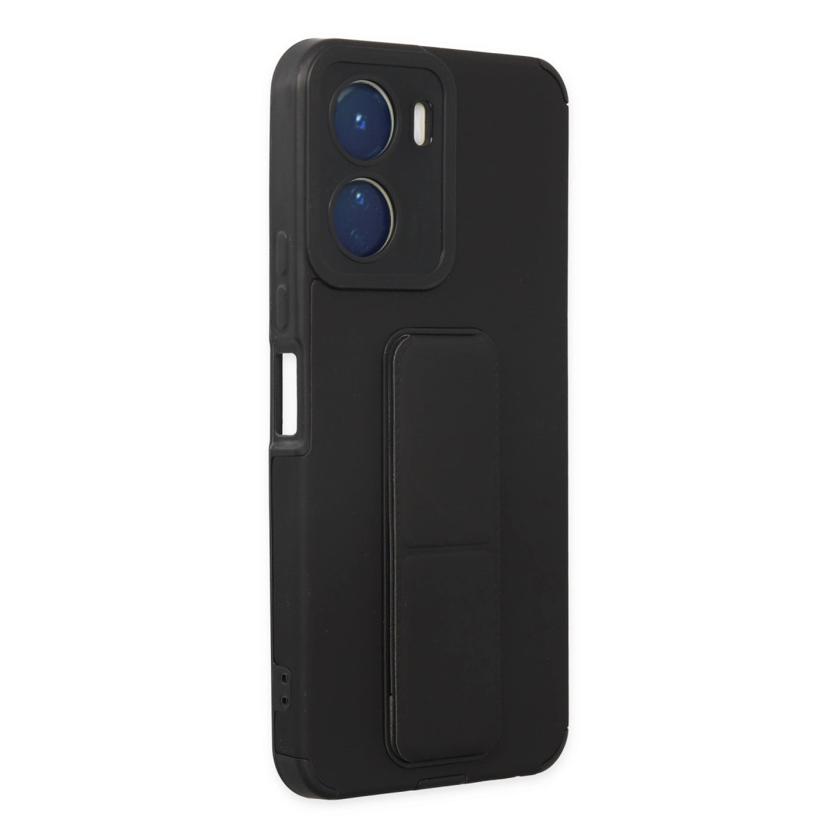 İki kamera lensli ve entegre stantlı siyah telefon kılıfı.