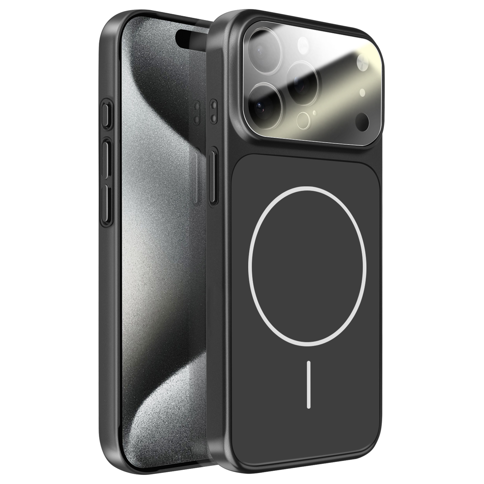 Coque noire avec découpe caméra et motif cercle/ligne blanc.