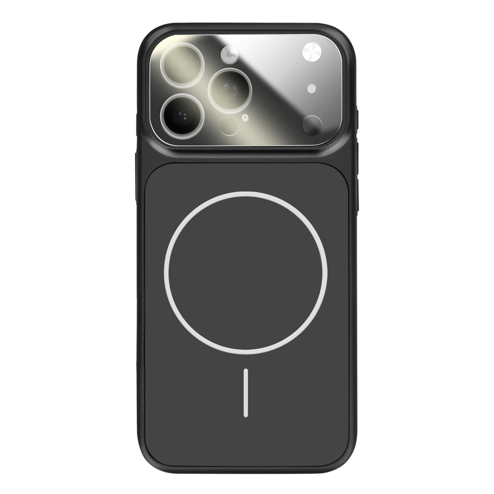 Coque de téléphone noire avec objectifs de caméra et motif cercle/ligne.