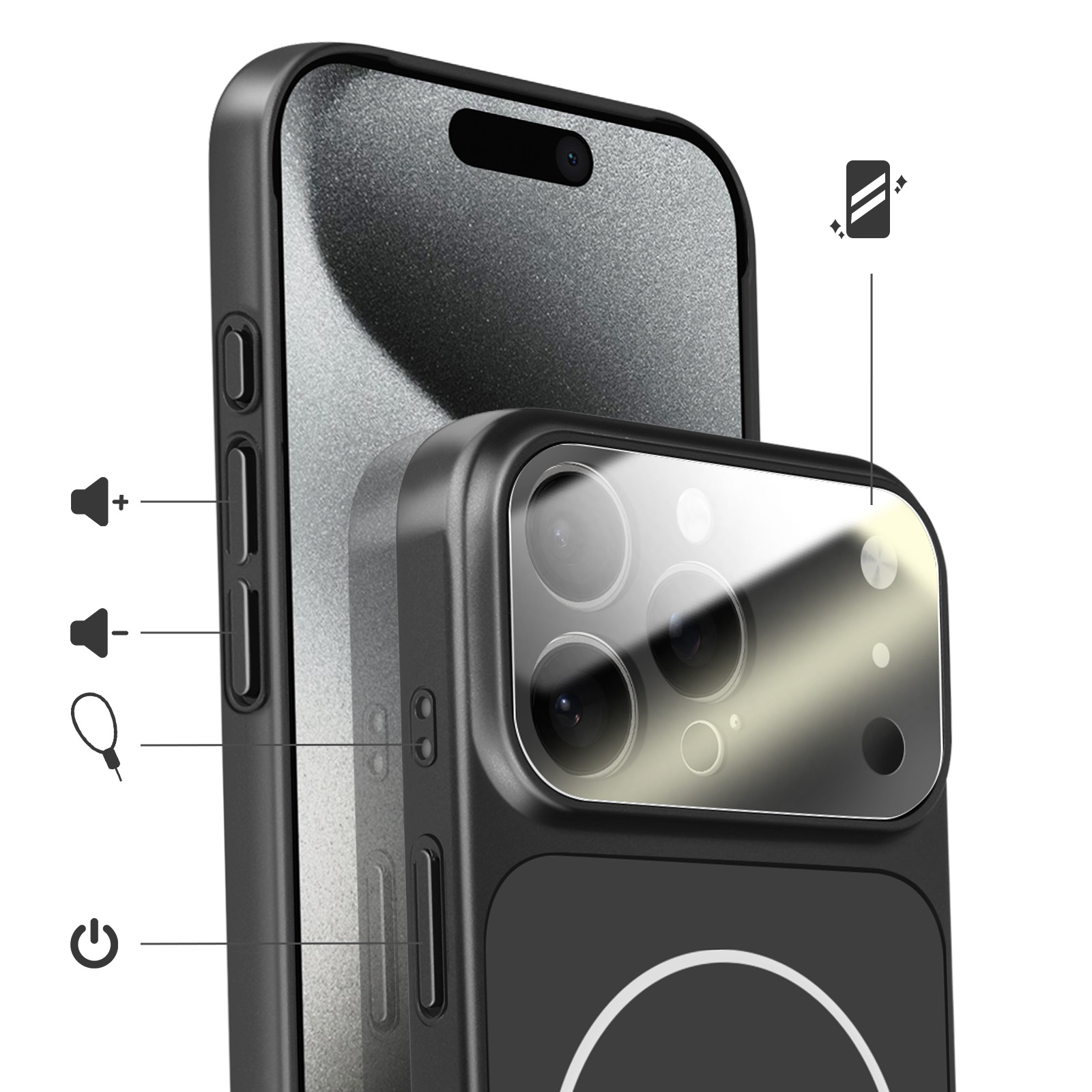 Téléphone noir avec appareil photo et icônes de volume.