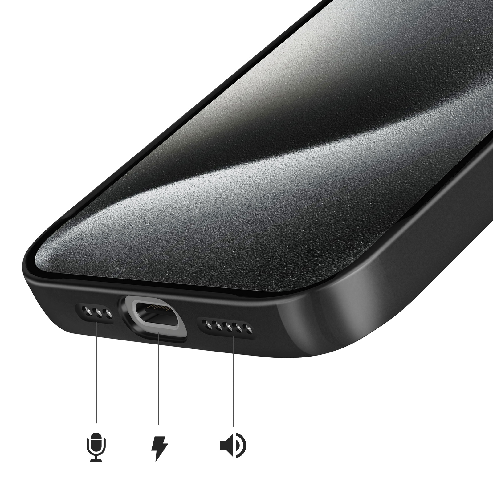 Gros plan d'une coque de smartphone noire avec port de charge et ouvertures.