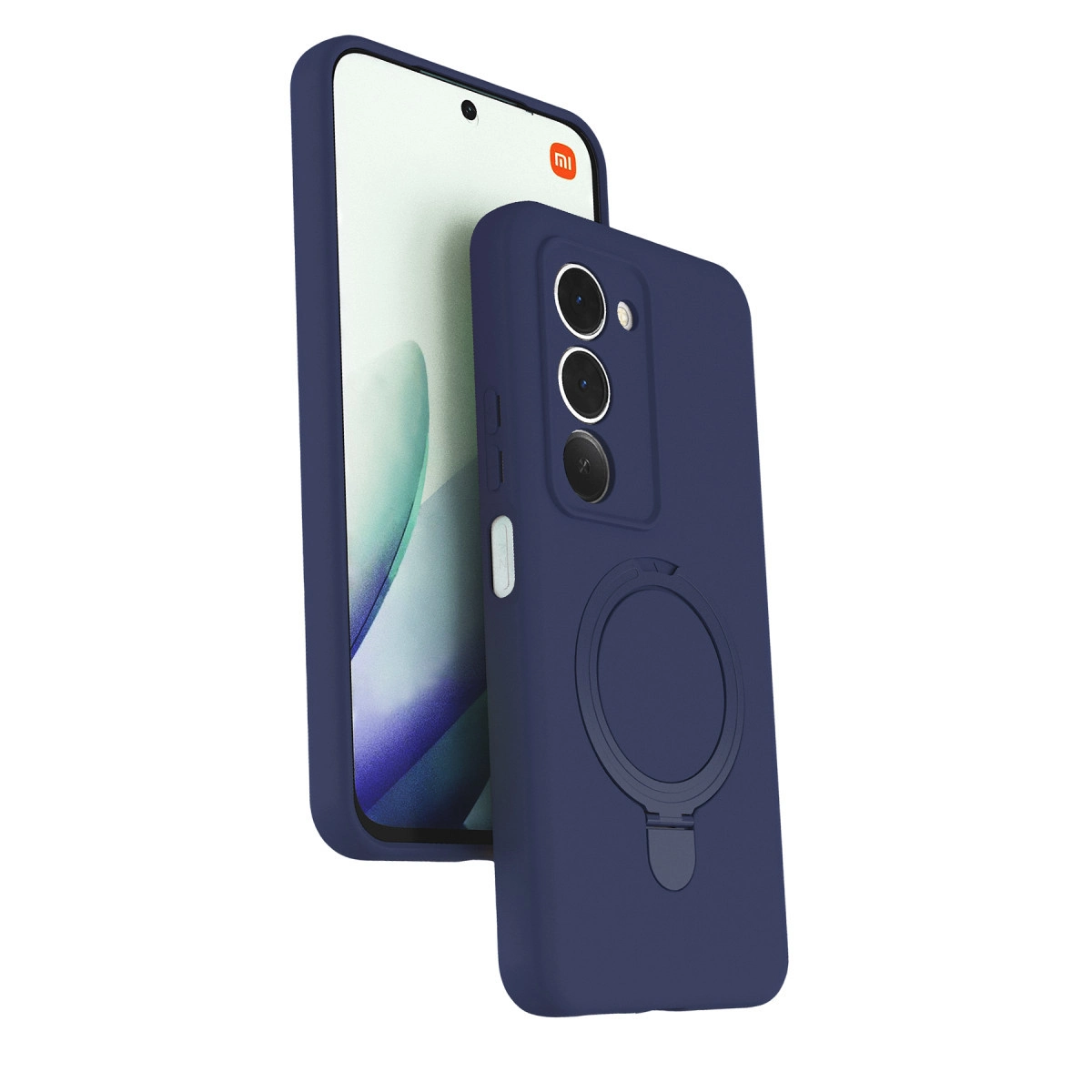 Halka tutuculu lacivert telefon kılıfı, akıllı telefonun yanında.