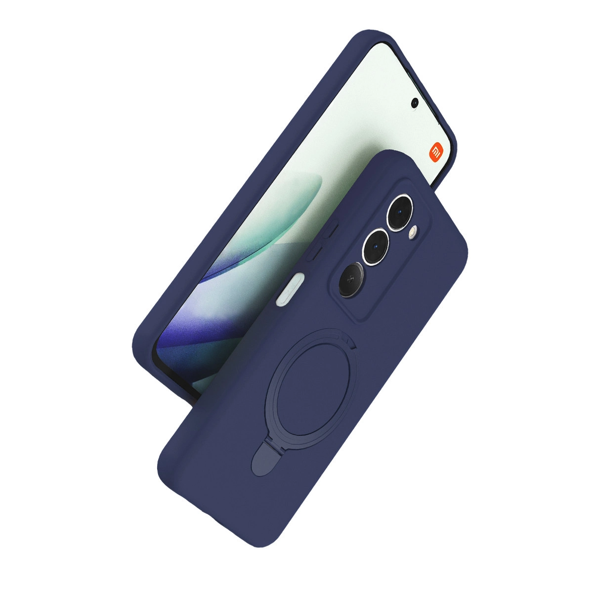Kamera oyuntulu, halka tutuculu lacivert telefon kılıfı. Kırmızı logolu beyaz ekran.