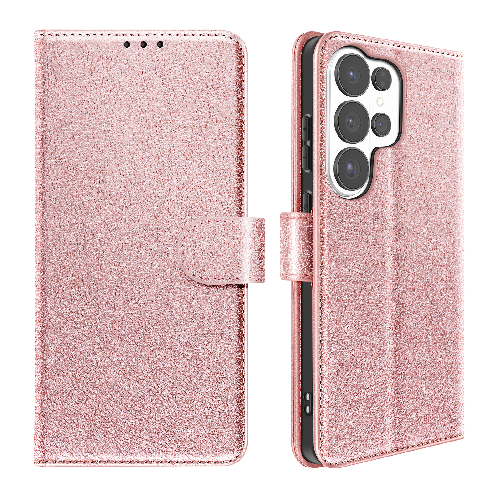 Una custodia per telefono in pelle oro rosa che mostra la copertina e il gruppo lenti.