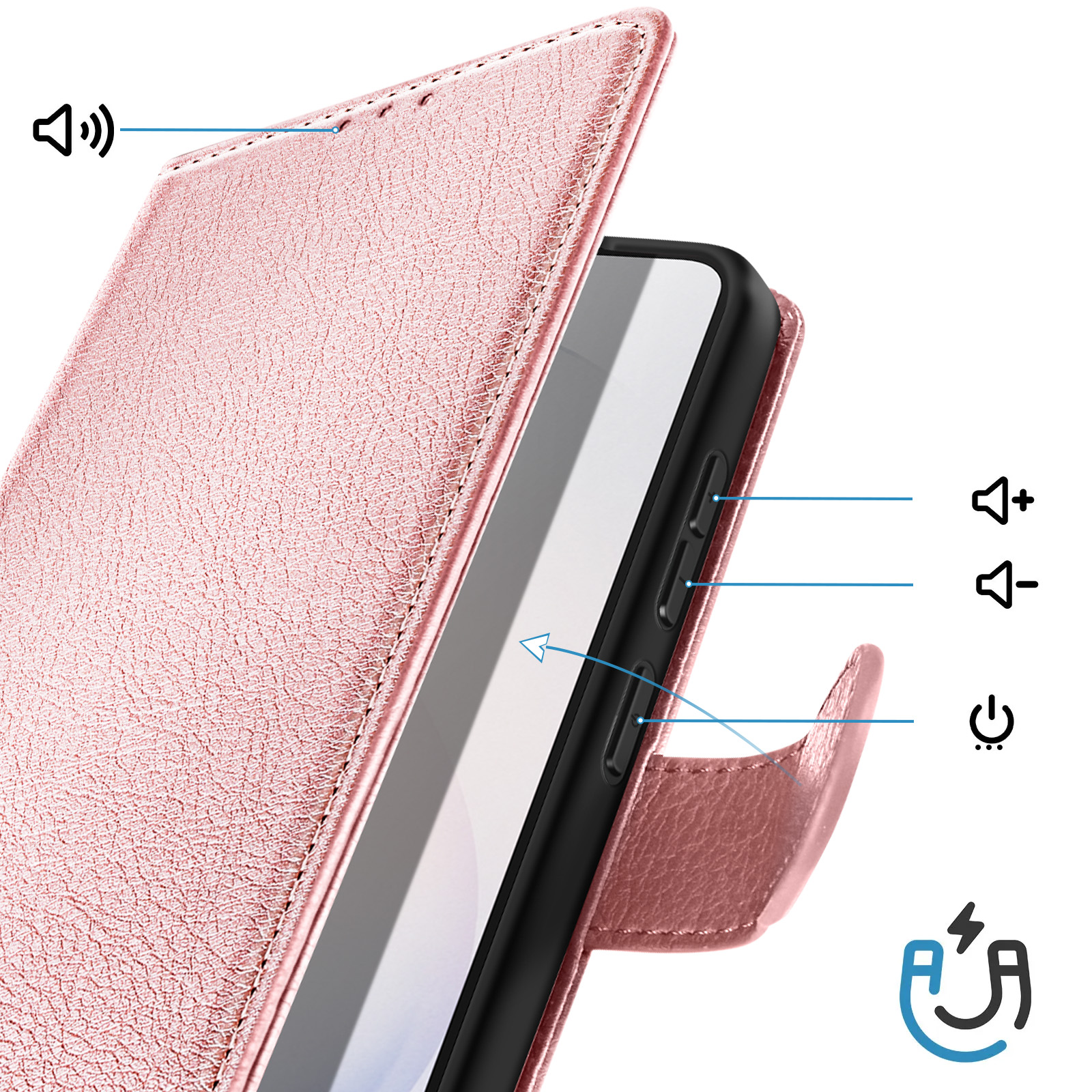 Custodia rosa per telefono con icone per volume, accensione e magnetismo.