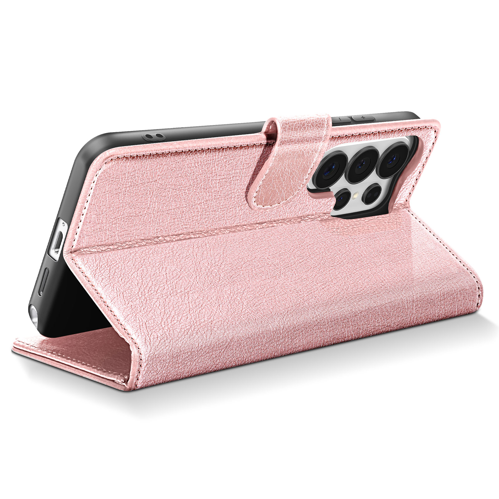 Una custodia a libro in pelle rosa con apertura per fotocamera su sfondo bianco.