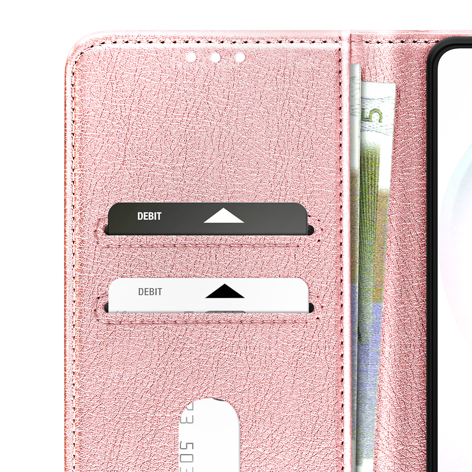 Una custodia a portafoglio rosa per telefono con slot per carte e banconote.
