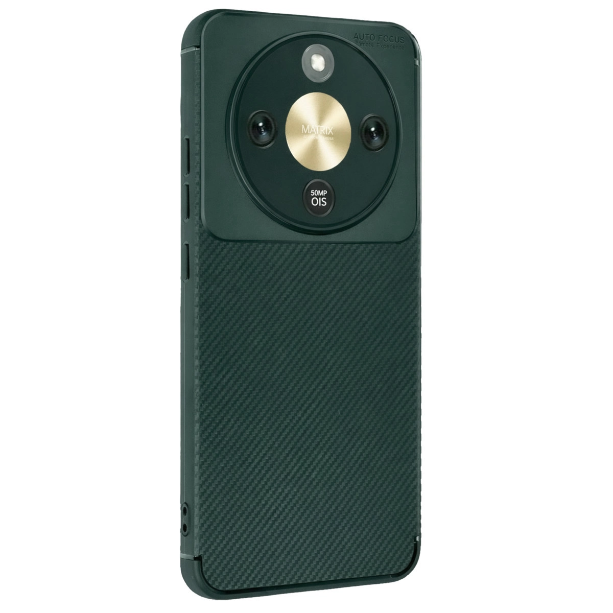 Karbon fiber dokulu, yuvarlak kameralı koyu yeşil telefon.