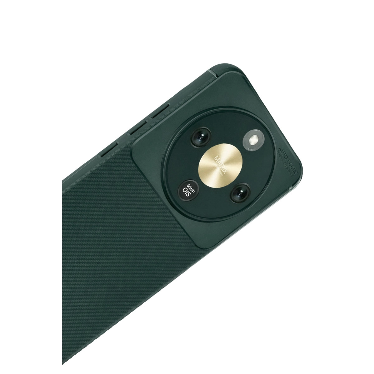 Doku kaplı arka yüzü ve dairesel kamera modülü olan koyu yeşil telefon.