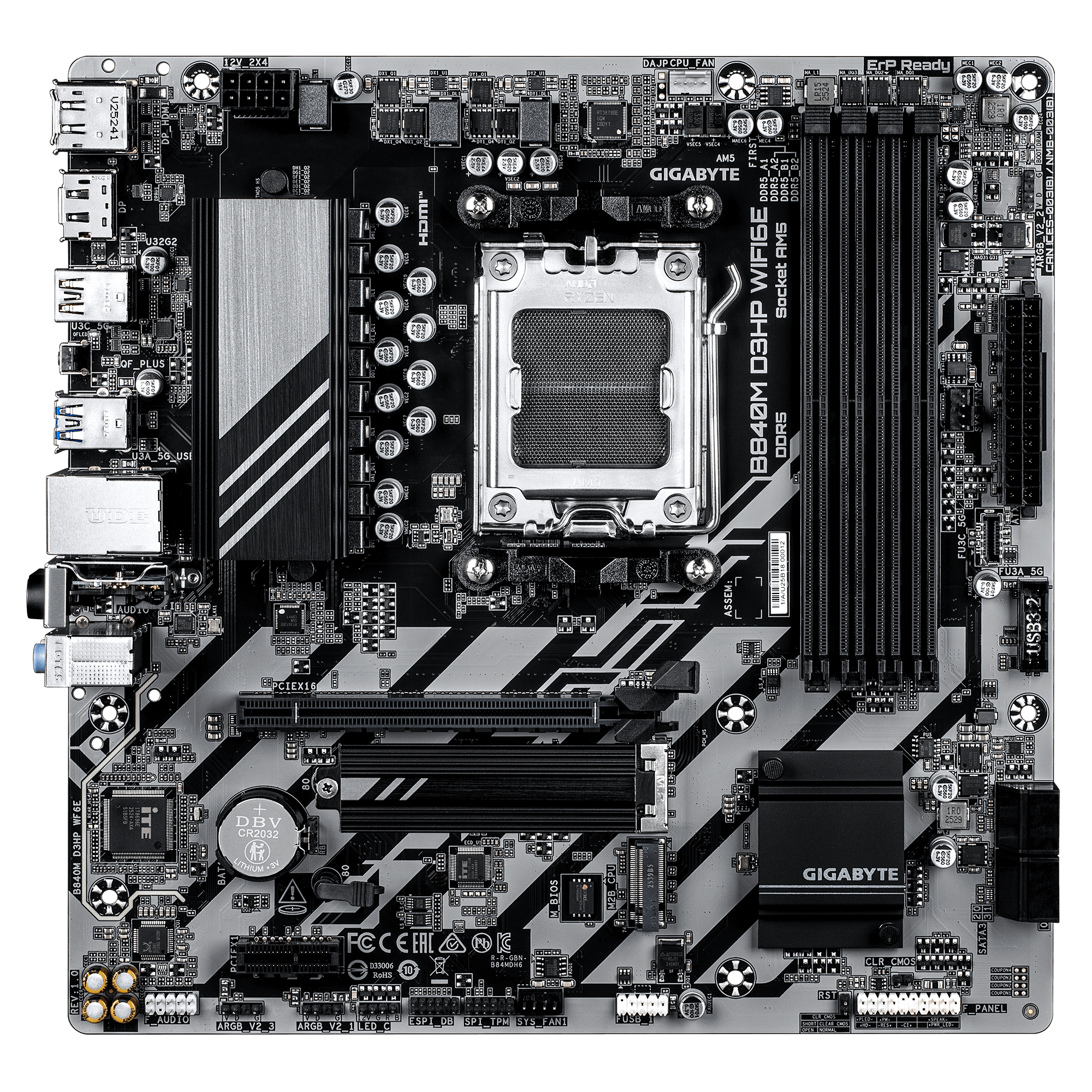 Black and silver motherboard with CPU socket, RAM slots, and connectors.