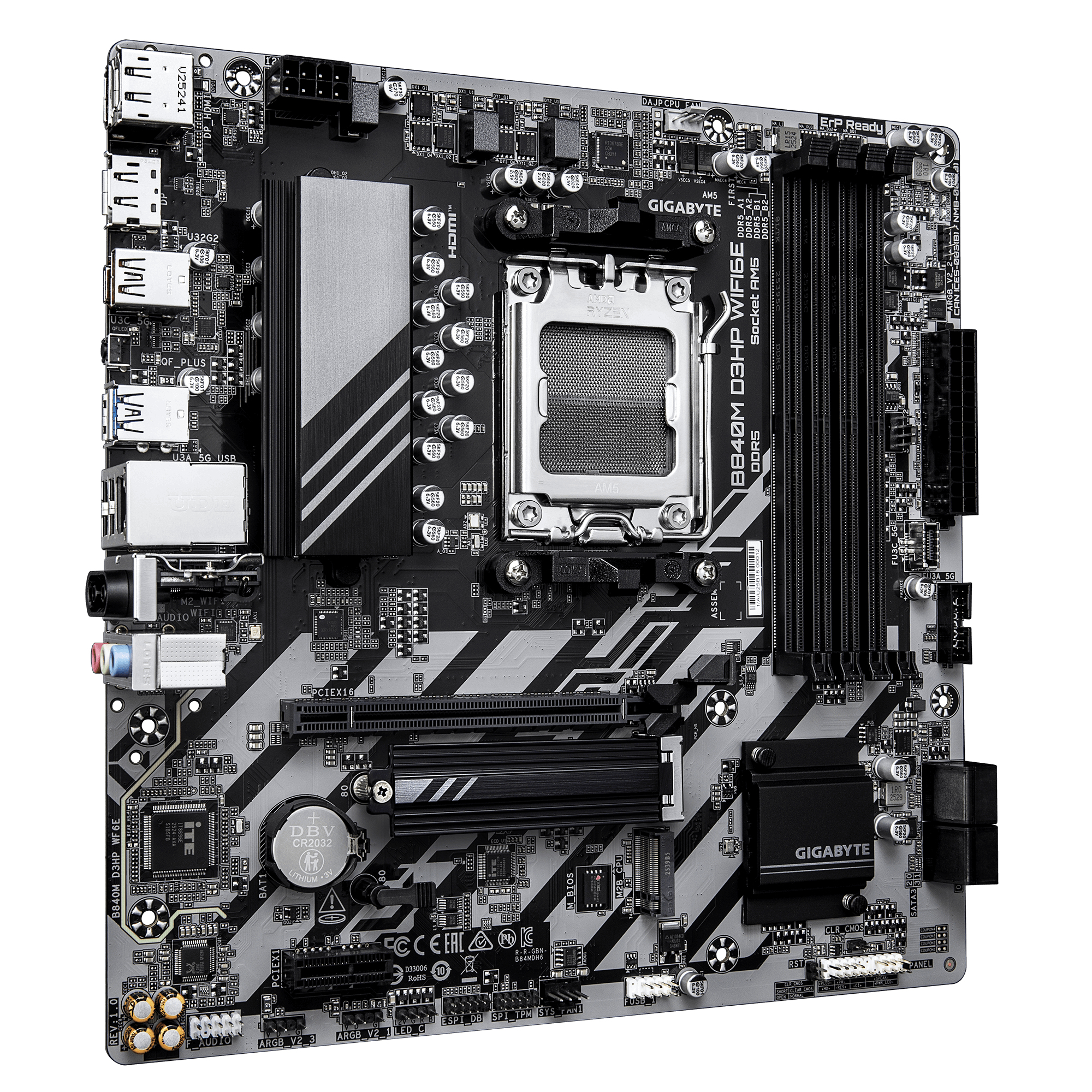 A black AMD AM5 motherboard with silver accents, ports, and heatsinks.