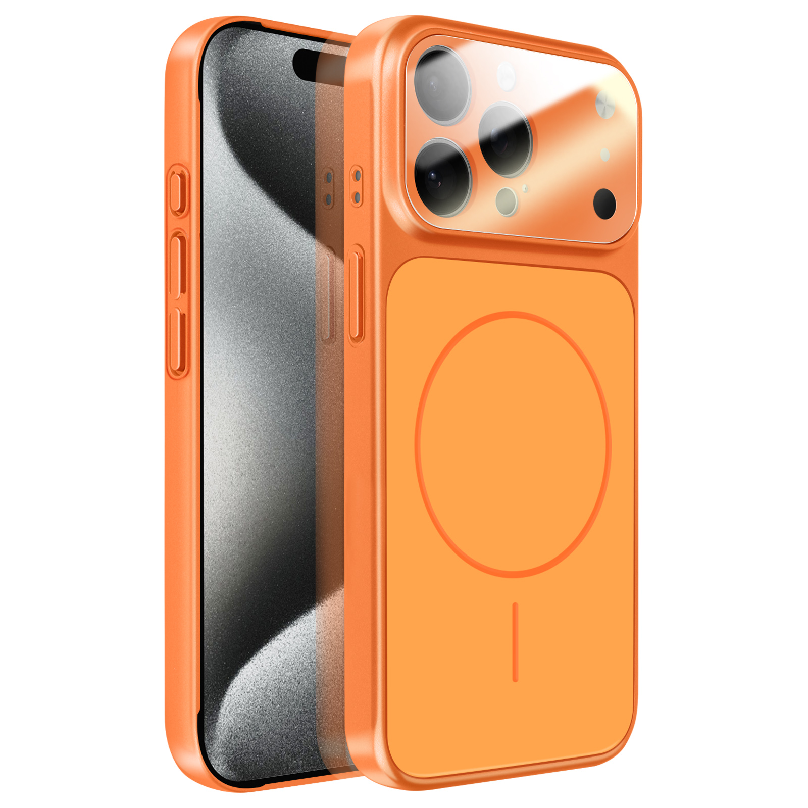 Een oranje telefoonhoesje met een camerablok en een cirkelvormig ontwerp.