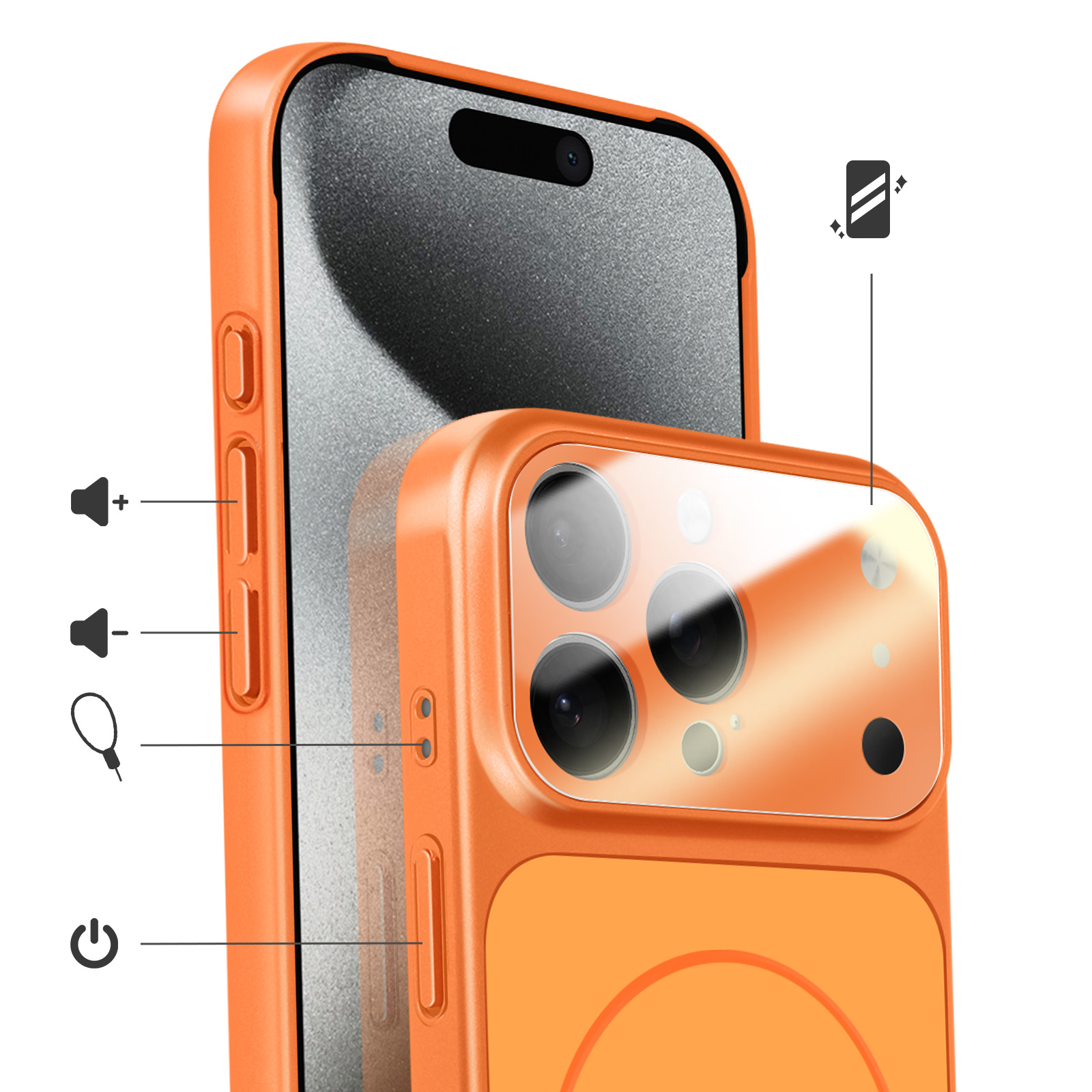 Oranje telefoonhoesje detail met camera, volume, dempen en aan/uit-pictogrammen.