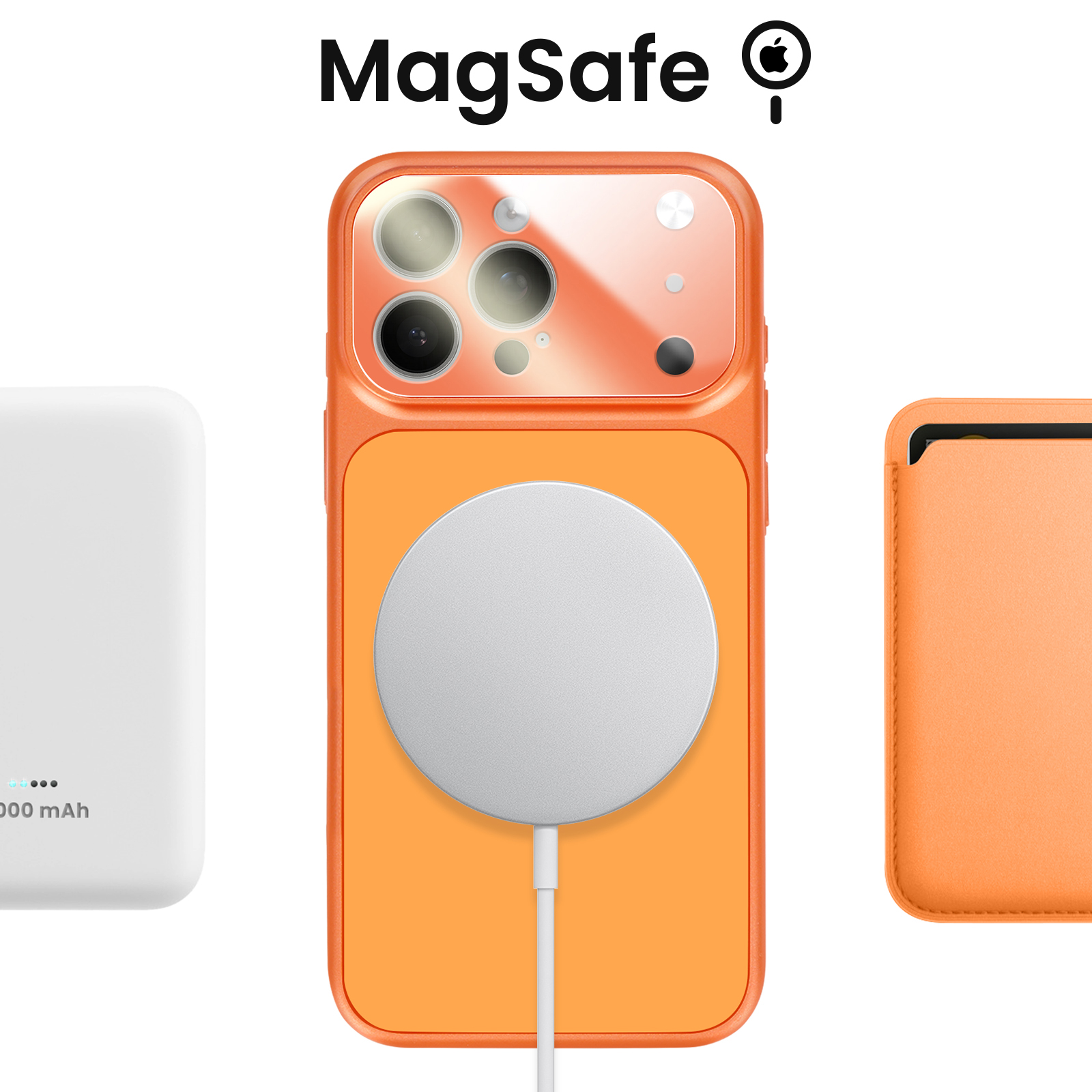Oranje iPhone hoesje met MagSafe lader, witte powerbank en oranje portemonnee.