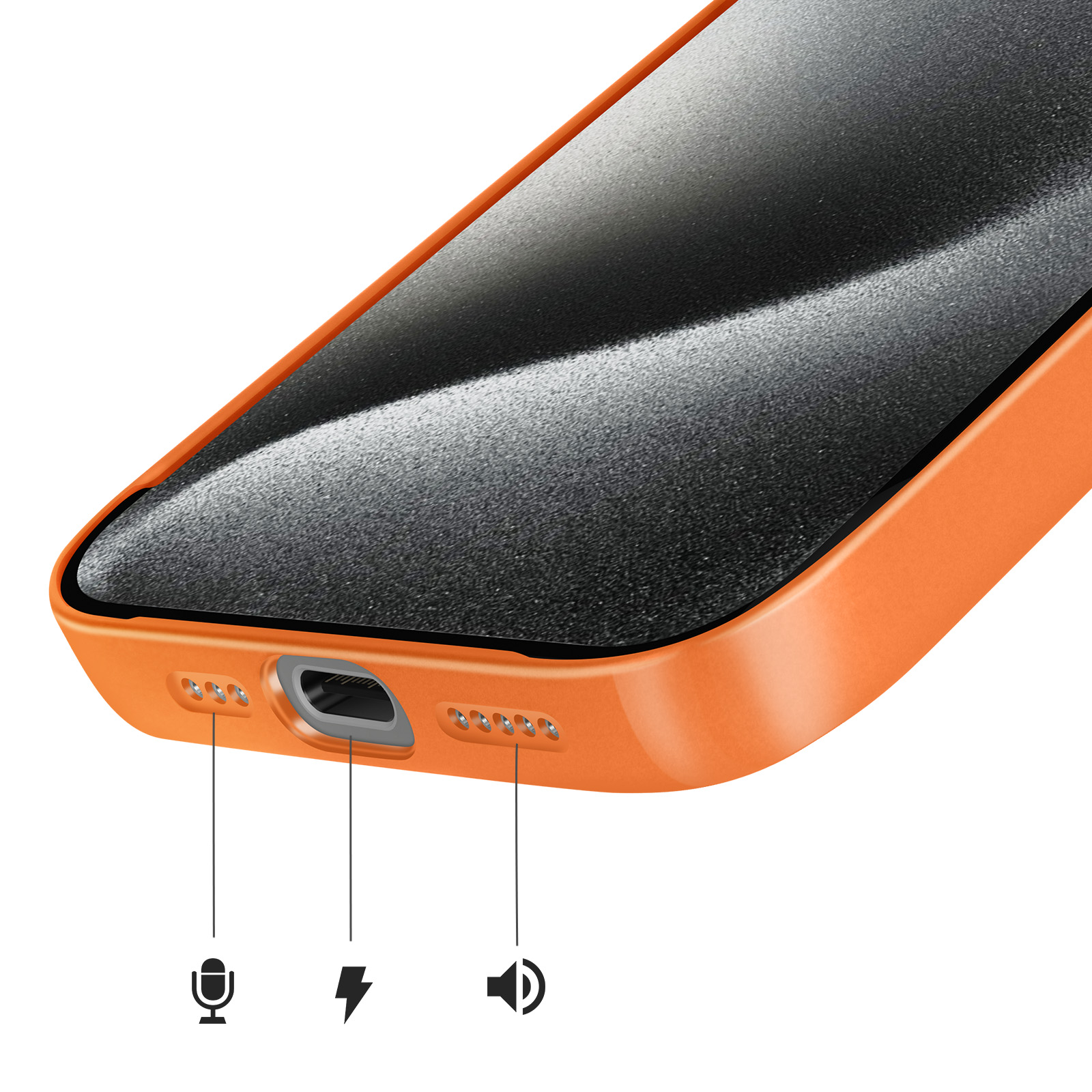 Oranje hoesje met uitsparingen voor oplaadpoort, microfoon en luidspreker.