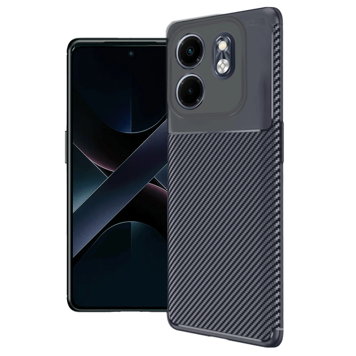 Karbon fiber kılıflı siyah bir akıllı telefon yanında duruyor.